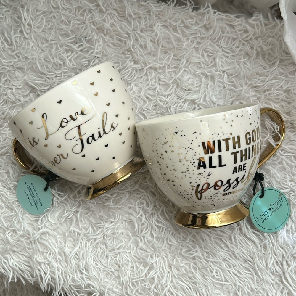 Set of 2 White & Gold Coffee Mugs
